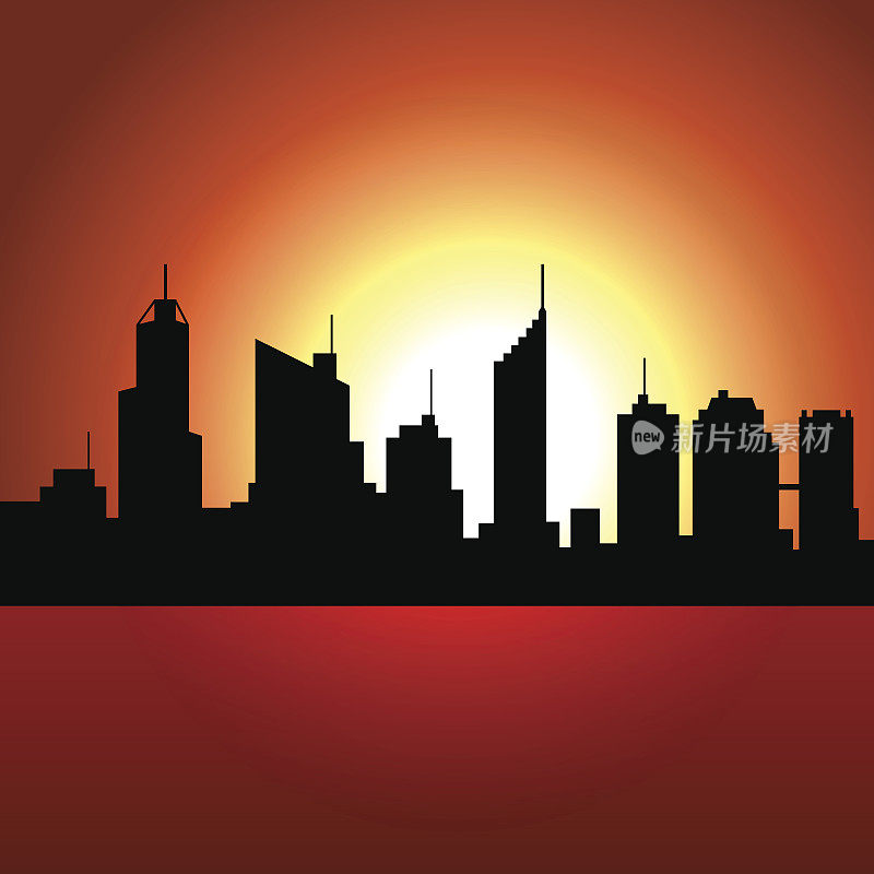 城市摩天大楼的日落。矢量剪影