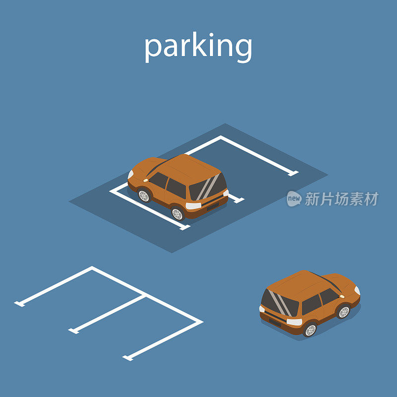 等距三维概念矢量插图前面和后面的汽车在停车场。城市交通。