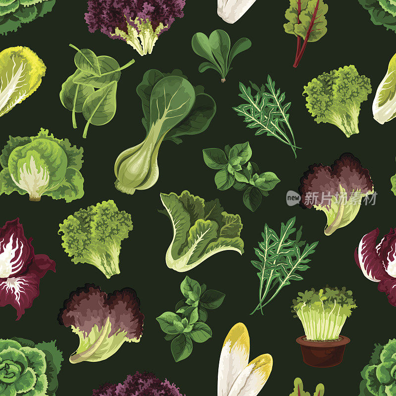 绿叶蔬菜，沙拉绿色无缝图案
