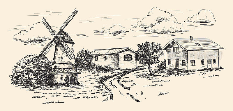 风车、村舍和农田