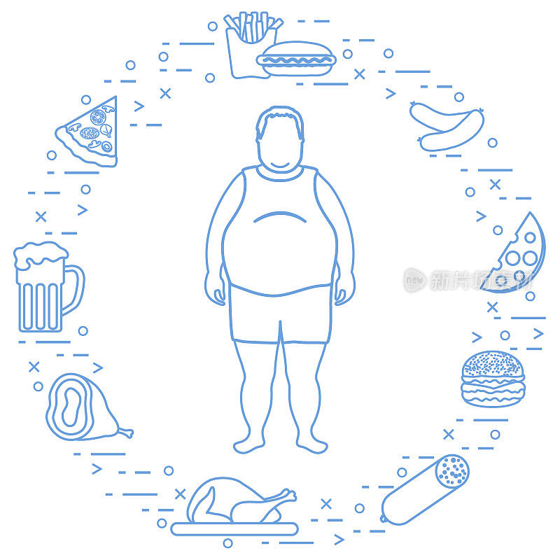 有不健康生活方式标志的胖子。不良的饮食习惯。