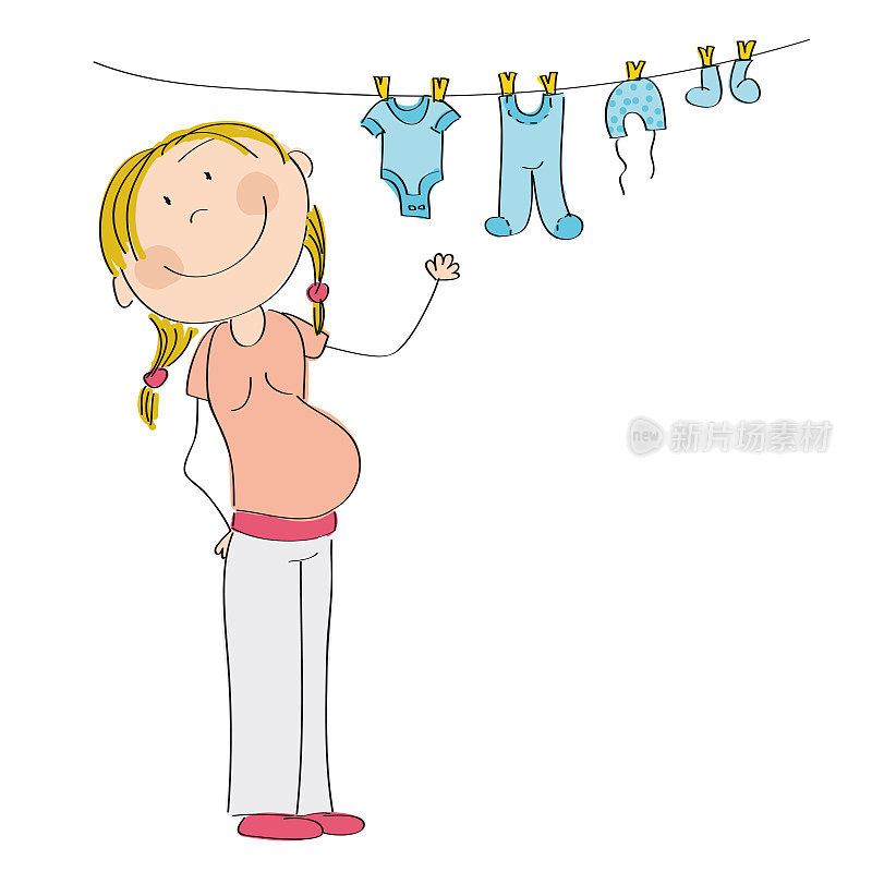 快乐的孕妇为她未出生的宝宝挂衣服-原创手绘插图