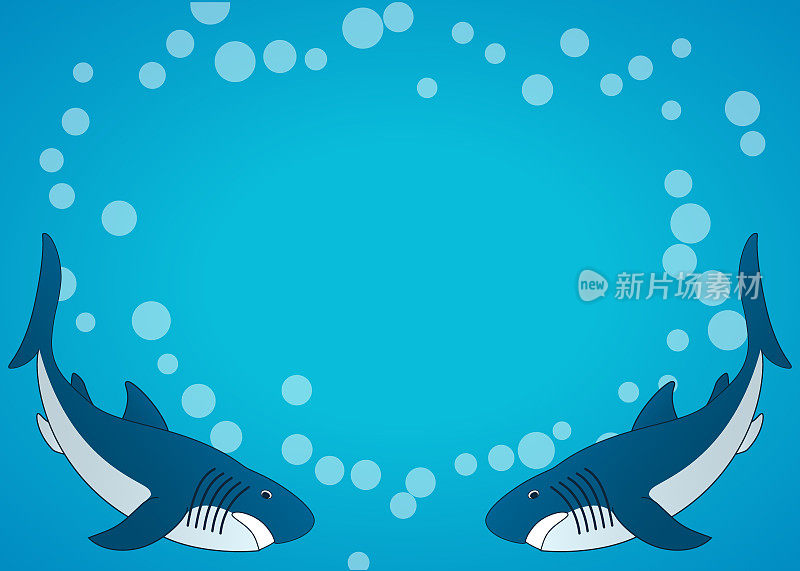 鲨鱼。海洋水下背景。平面卡通矢量插图