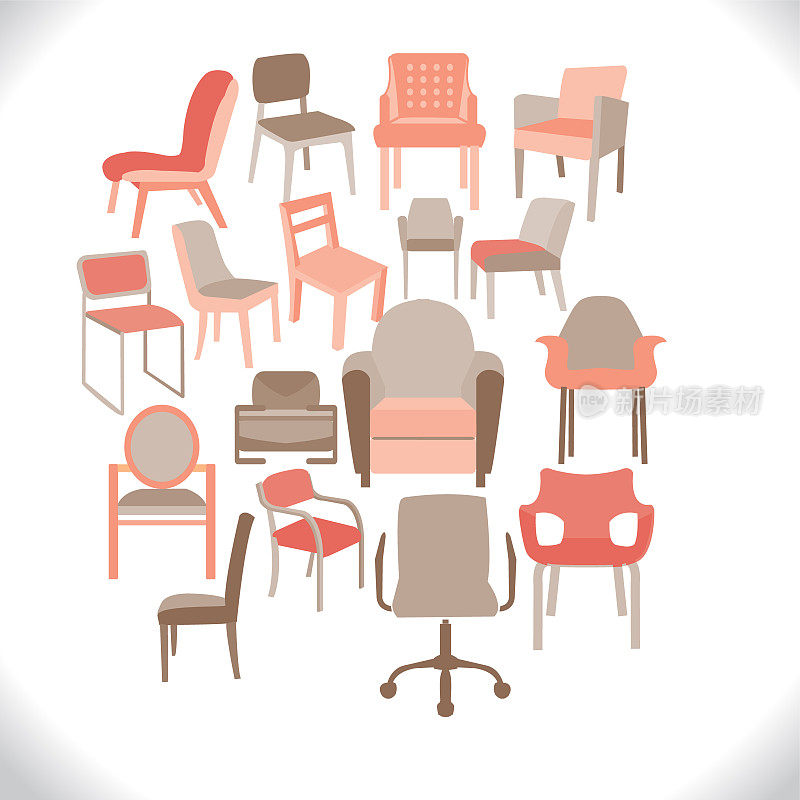 一套椅子和扶手椅。插图一套不同的椅子