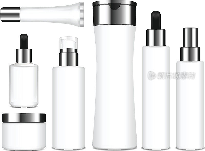逼真的化妆品白色瓶子。载体容器，管，香囊霜，香油，乳液，凝胶，洗发水，粉底霜。三维演示
