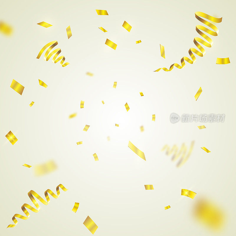 矢量插图的金色党Streamers和五彩纸屑。五彩纸屑爆炸