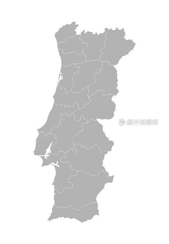 葡萄牙简化行政地图矢量孤立插图。省(区)边界。灰色的剪影。白色的轮廓