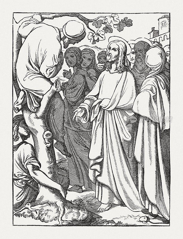 耶稣和撒该(路加福音19,1-10)，木刻，1850年出版
