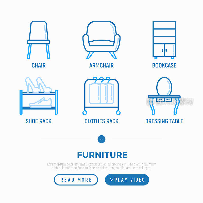 家具细线图标集:扶手椅、衣柜、椅子、桌子、书柜、衣架。内部的元素。现代向量插图。