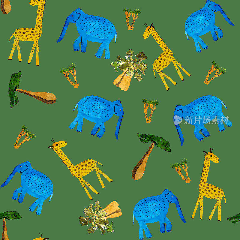 童稚无缝图案搭配可爱的水彩野生动物大象和长颈鹿。非洲的狩猎之旅。
