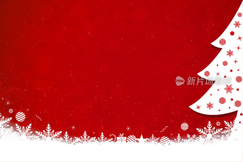 水平矢量插图的一个创造性的明亮的红色圣诞背景与一半可见的创造性装饰皇家树