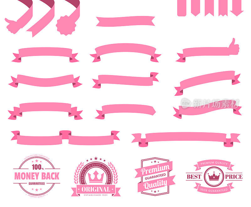 一套粉色丝带，横幅，徽章，标签-设计元素在白色的背景