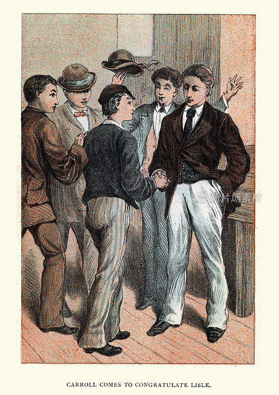 十九世纪，维多利亚时代的少年学生在握手
