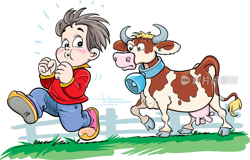 男孩从母牛身边跑开。