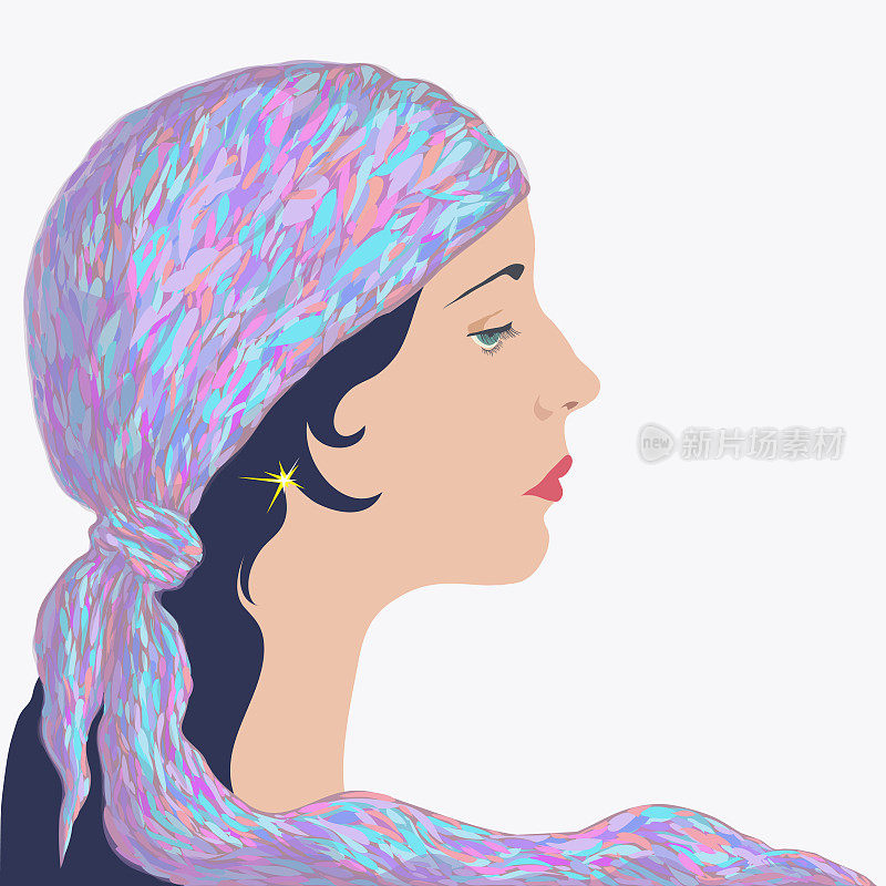 时尚的插图向量肖像一个年轻美丽的女人的侧面在一个明亮的围巾在她的头在粉红色和紫色的颜色和长波浪的黑发在风中飘扬的形象孤立在白色的背景