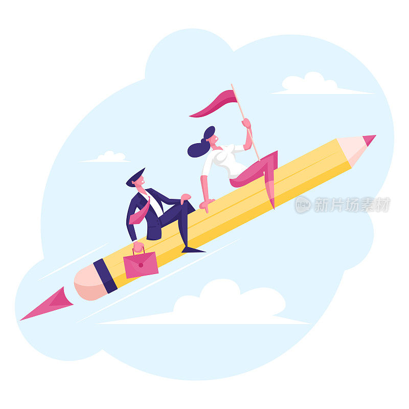 一对快乐的商人男女人物在巨大的钢笔上飞翔，就像在火箭上，手里拿着红旗。办公室常规，员工职业发展，启动项目。卡通平面矢量插图