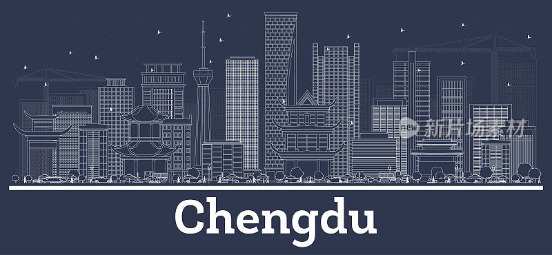 用白色建筑勾勒出中国成都的城市天际线。