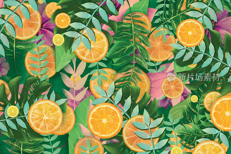 夏季水果的背景。橘子和柠檬