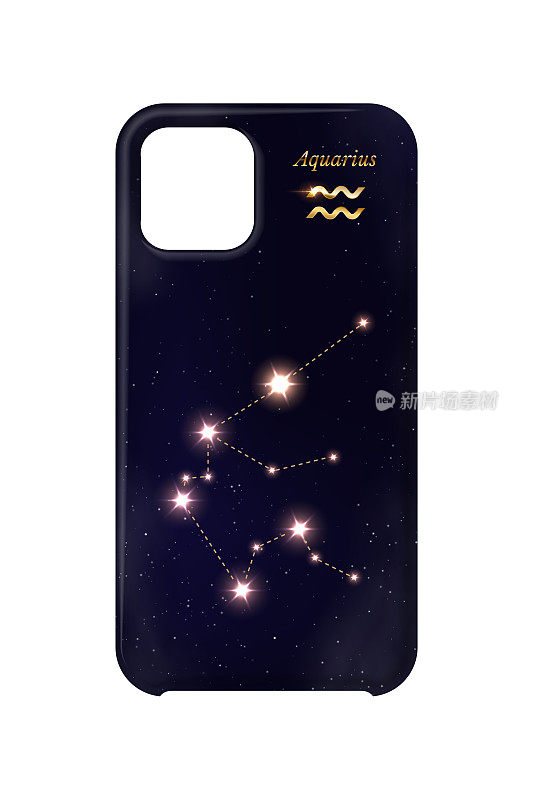 夜空手机罩与金色宝瓶座黄道带闪亮星群粒子隔离在白色背景。移动防护箱真实感矢量设计。宇宙框架表面。