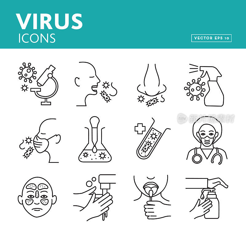 医学感冒和流感病毒线艺术图标集