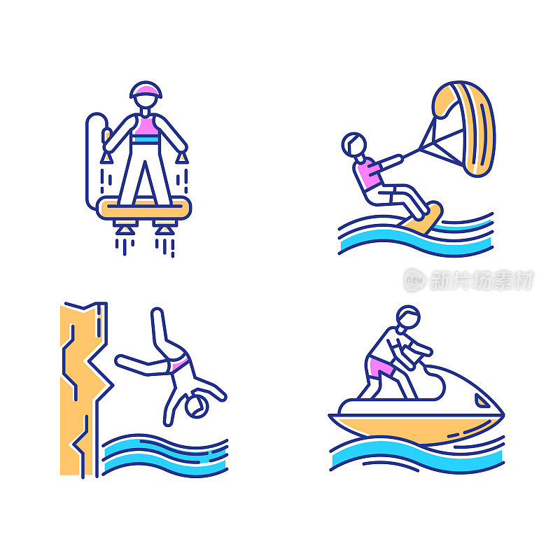 水上运动颜色图标集。飞行滑板、风筝滑板、悬崖跳水和水上摩托。极限运动。暑假的冒险。海洋和海滩休闲。孤立的矢量插图