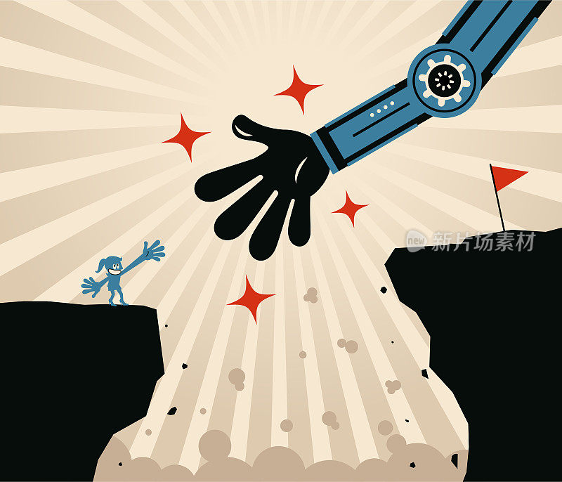 人工智能为善,人工智能将帮助人类,女商人站在悬崖边上,一面红旗在对面,一只机器人手帮助她越过悬崖