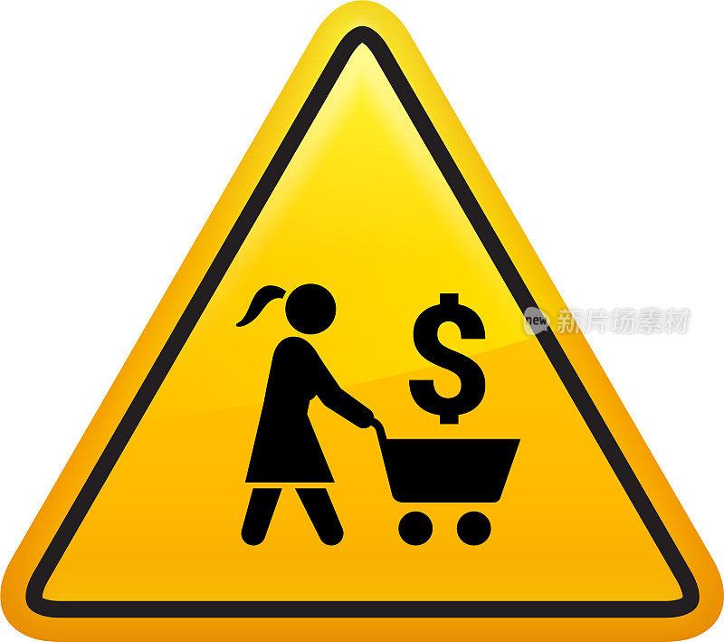 女人推着有美元标志的购物车