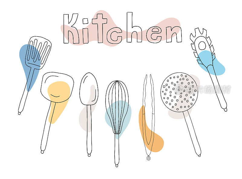 厨房工具集。锅子，勺子，网眼，钳子，意大利面。向量孤立的元素。颜色风格