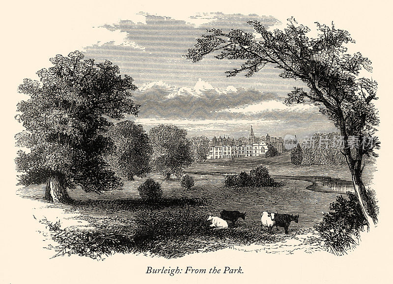 年份，英国维多利亚时代版画，来自公园的伯利大厅，莱斯特郡，英格兰，1875年