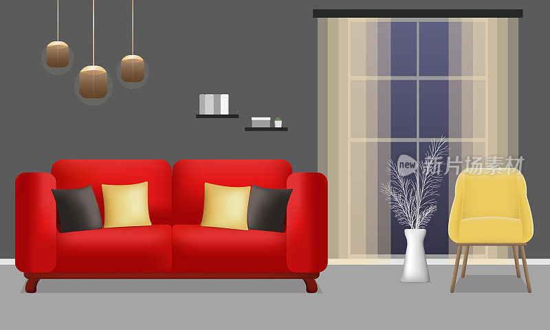 客厅有红色的沙发，黄色的扶手椅和窗户。客厅现代室内设计。室内设计