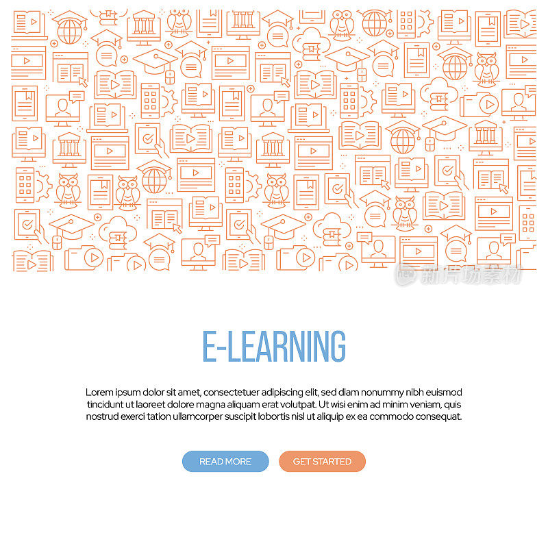 电子学习相关旗帜设计与模式。现代线条风格图标矢量插图