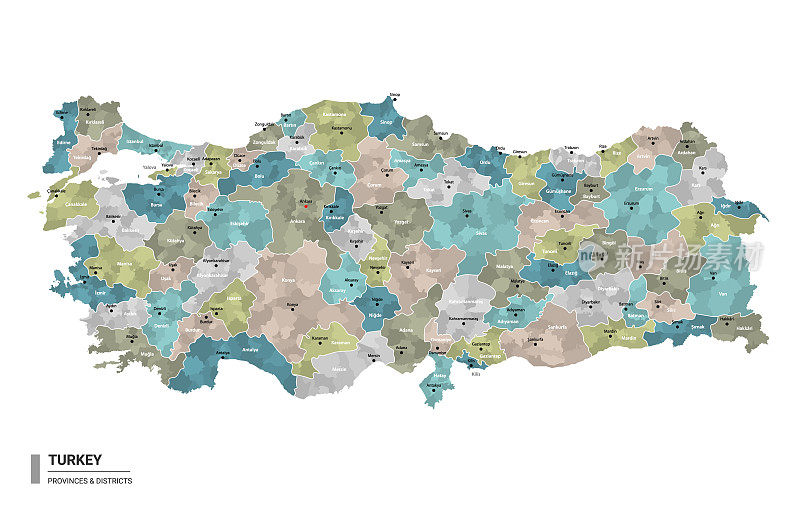 土耳其高细地图与细分。土耳其行政地图与地区和城市名称，颜色由州和行政区域。矢量插图。