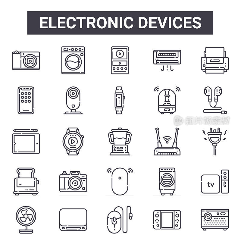 电子设备轮廓图标集。包括细线图标，如相机，智能手机，路由器，冷风，游戏机，ipod，投影仪，智能手环。可用于报告、演示、图表、