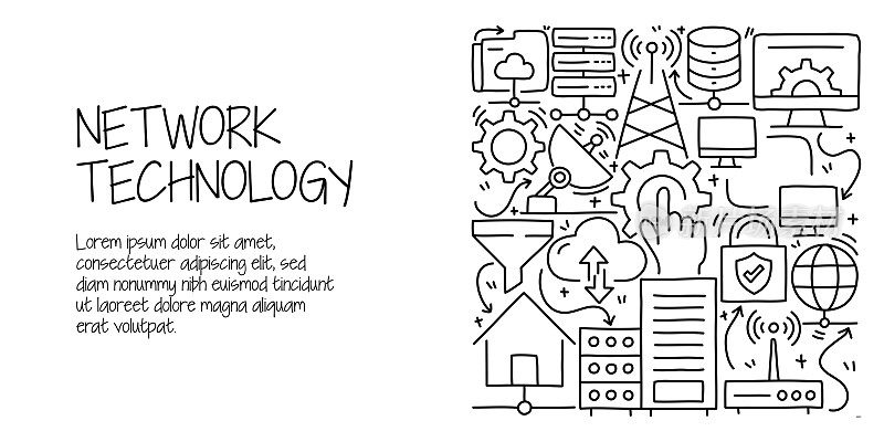 网络技术相关的涂鸦插图。现代设计矢量插图的网页横幅，网站标题等。