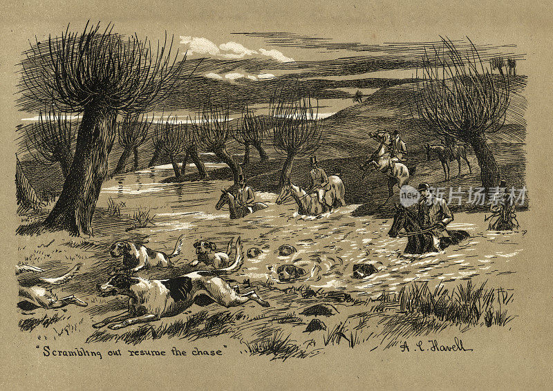 19世纪90年代，英格兰西部，猎犬和骑马的人正在过河