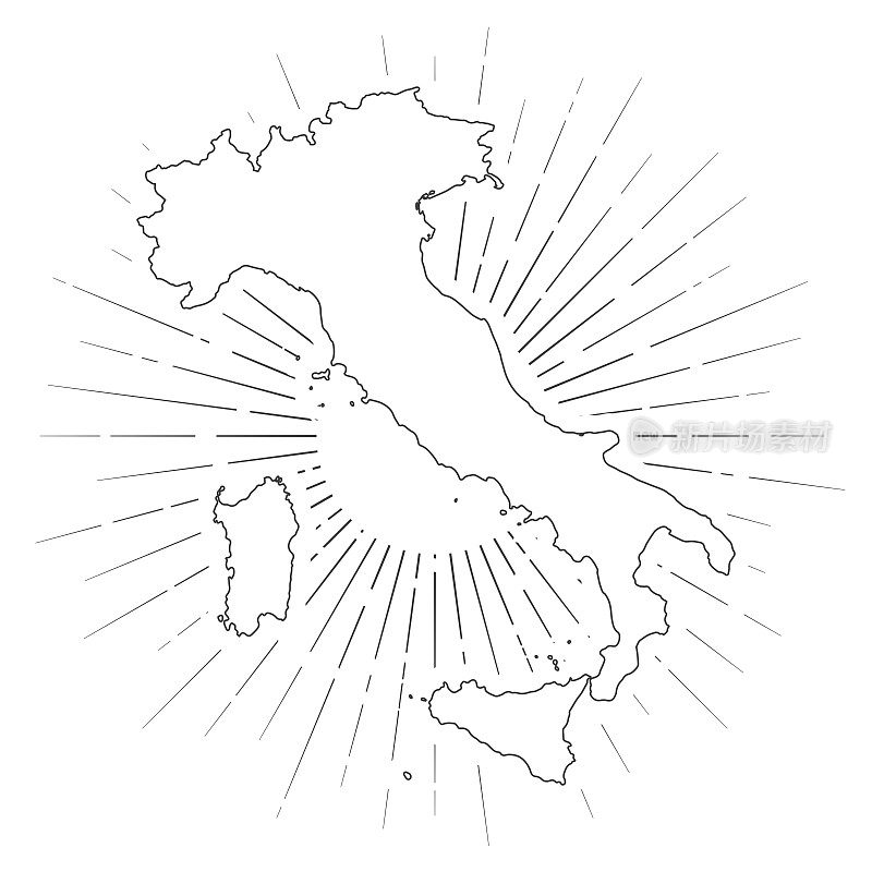 意大利地图与阳光在白色的背景