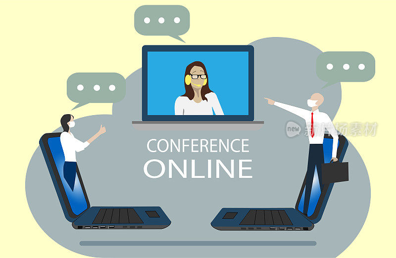 在线视频会议概念。领导与员工在笔记本电脑上进行在线会议。
