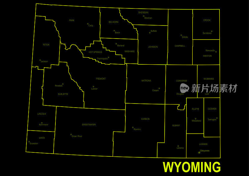 怀俄明州的黑色背景的霓虹灯地图