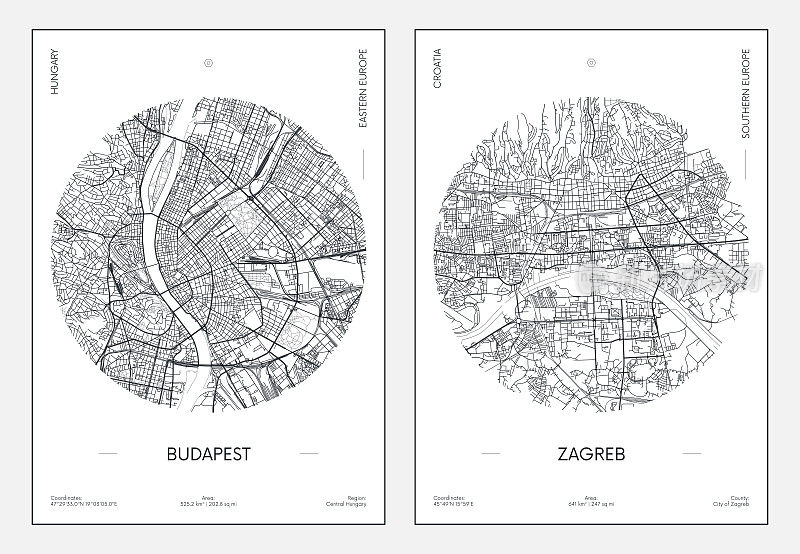 旅游海报，城市街道规划，布达佩斯和萨格勒布城市地图，矢量插图