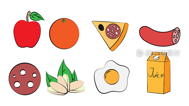 一个白色背景上的咖啡馆酒吧餐厅的美味食物和零食的八种图标:苹果，橘子，披萨，香肠，fistatski，鸡蛋，果汁