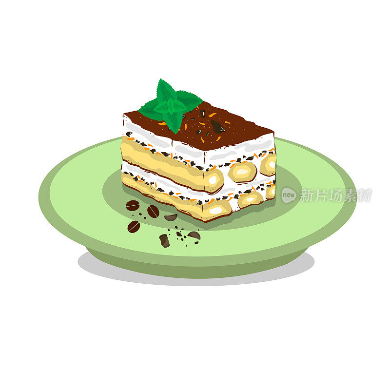 一块提拉米苏在盘子里。巧克力，savoyardi饼干，奶油芝士，薄荷。白色背景