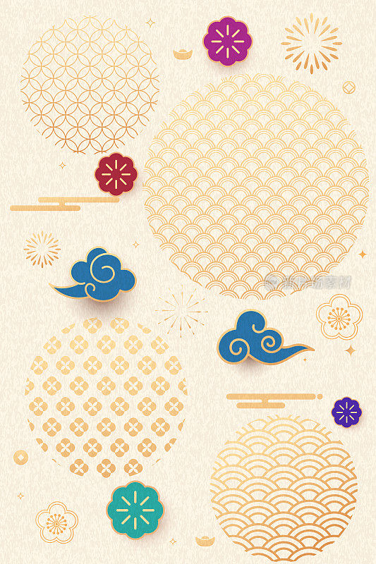 中国新年传统设计元素，祥云鲜花