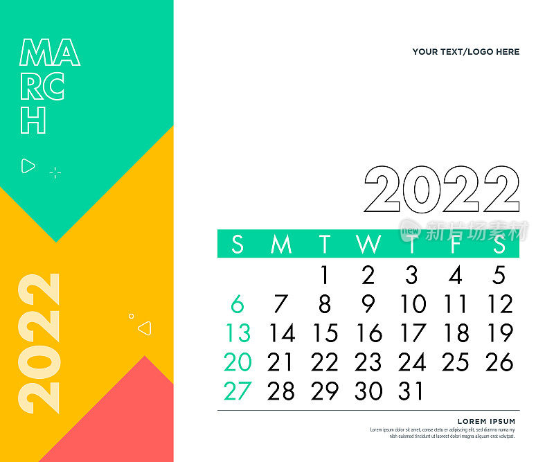2022年3月。日历2022设计模板周将于周日开始。股票插图