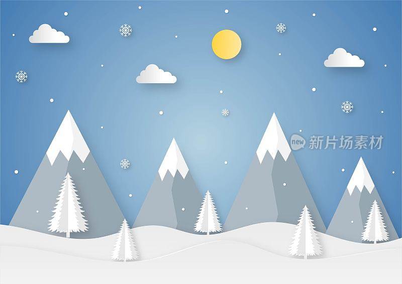 剪纸冬季风景卡通蓝色的背景。矢量插图。