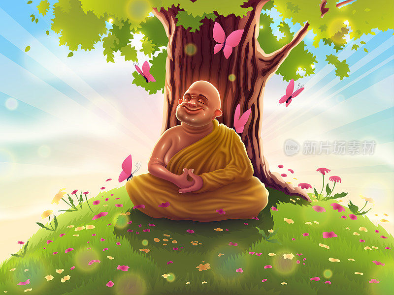 穿着黄色衣服的和尚坐在菩提树下，正作着深三摩地冥想。瑜伽佛在静修中凝神，开悟师在自然中放松。