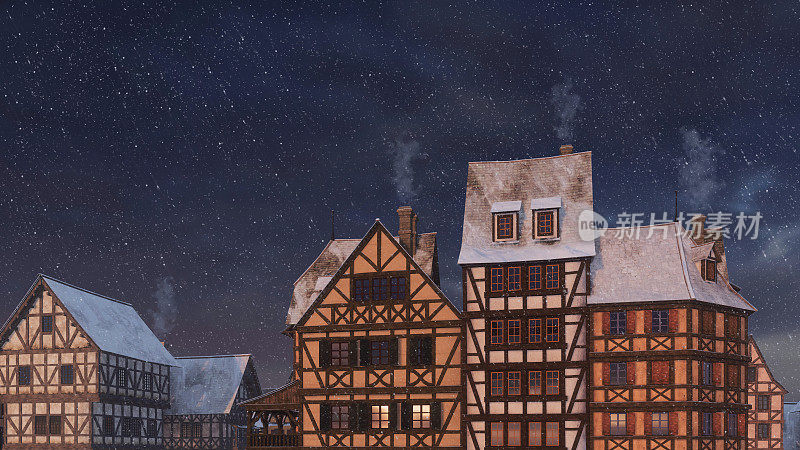 古老的欧洲城镇在冬天的夜晚与下雪3D