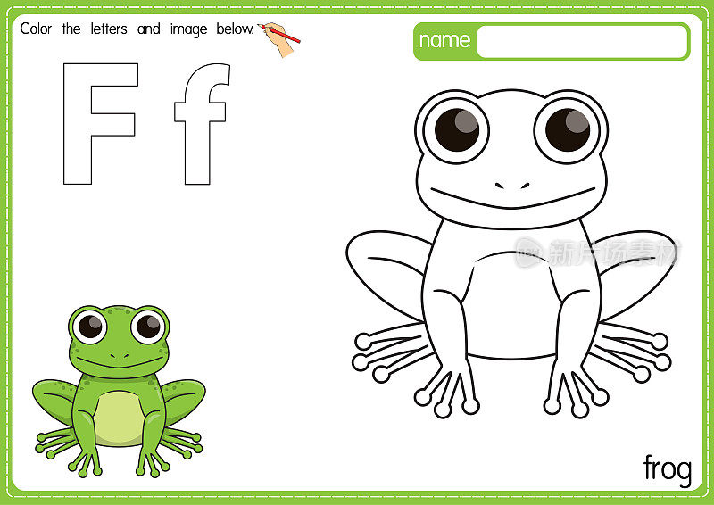 矢量插图的儿童字母着色书页与概述剪贴画，以颜色。字母F代表青蛙。