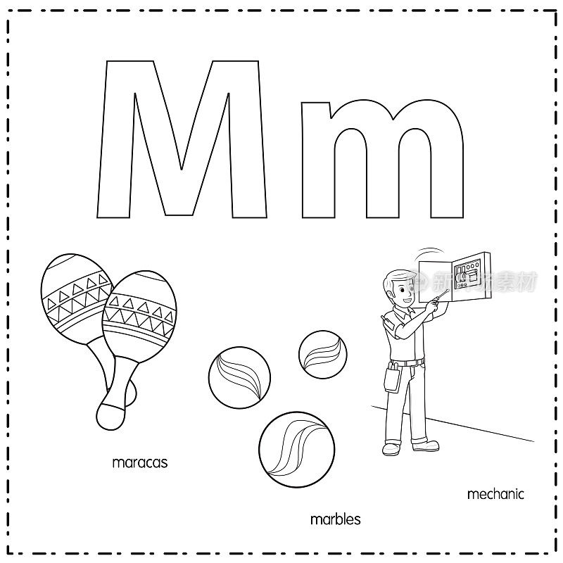 向量插图学习字母M的小写和大写的儿童与3卡通图像。沙球弹珠的机械师。