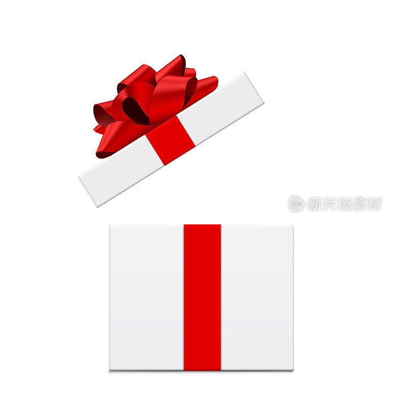 白色开放的礼品盒与红色的蝴蝶结和丝带