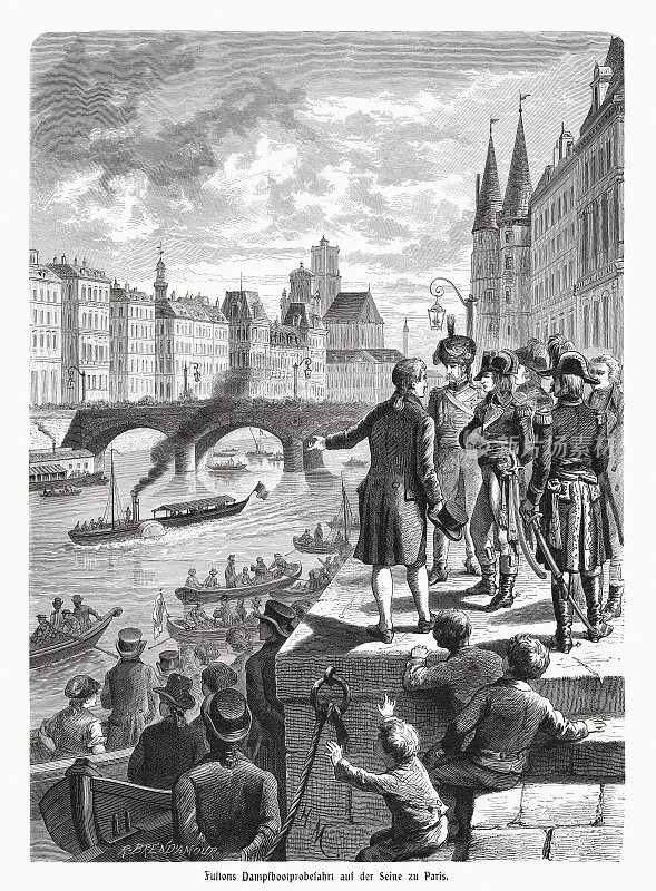 富尔顿在塞纳河上的汽船试验,木刻,出版于1900年